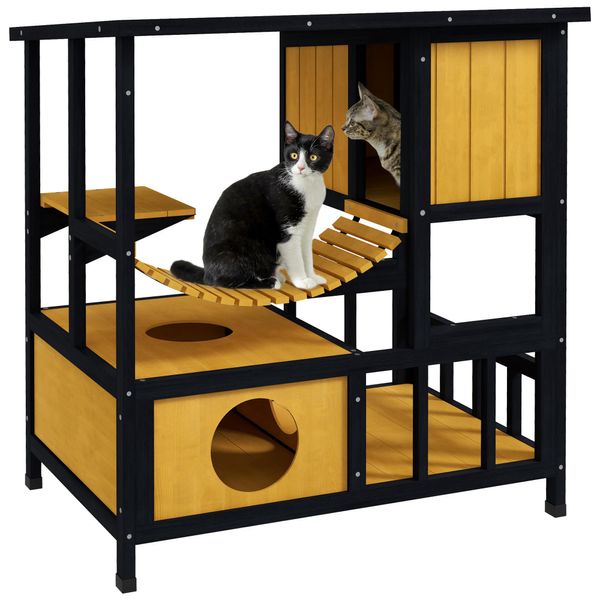 Pawhut Casa Per Gatti In Legno Grotta Per Gatti Villa Per Gatti All'esterno, Capanna In Legno Per Gatti Con Ponte Sospeso, Tetto, Per 1-2 Gatti Fino A 5 Kg, Giallo-image