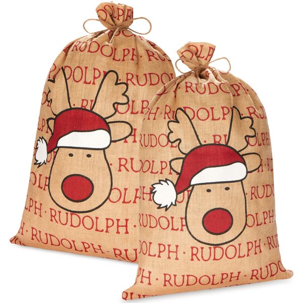 Brubaker Sacco Di Natale Renna Rudolph Con Cappello Di Babbo Natale - 80 Cm Sacco Regalo Di Natale - Sacco Di Babbo Natale Sacco Di Iuta, 2 Pezzi-image