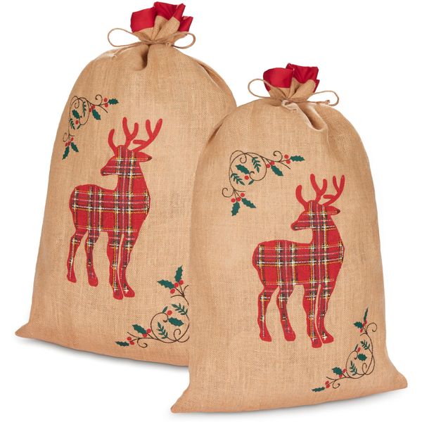 Brubaker Sacco Di Natale Renna Rosso A Scacchi - 80 Cm Sacco Regalo Di Natale - Sacco Di Babbo Natale Sacco Di Iuta, 2 Pezzi-image