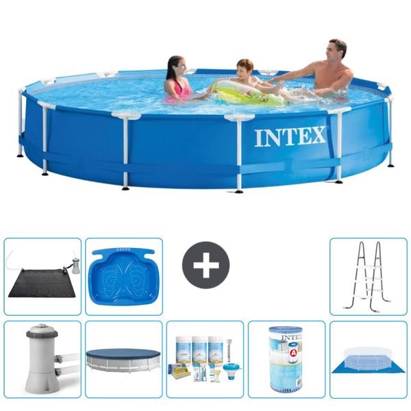 Piscina Intex Con Struttura Rotonda - 366 X 76 Cm - Blu - Inclusa Copertura Della Pompa - Pacchetto Di Manutenzione - Filtro - Copertura Del Terreno - Tappetino Solare - Scaletta-image