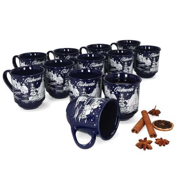 Set Di 12 Tazze Da Vin Brulè Da 0,2 Litri Blu Scuro Paesaggio Natalizio In Ceramica, Calibrate-image