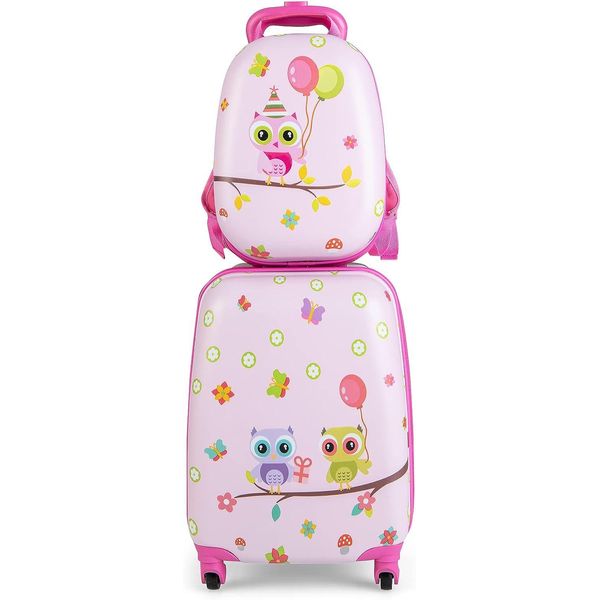 Costway 2 Pezzi Valigia Per Bambini + Zaino, Trolley Per Bambini In Plastica, Valigie Per Bambini, Set Di Valigie Per Bambini, Valigie A Mano, Valigie Da Viaggio, Valigie Rigide Per Bambini E Bambine (Uccelli Rosa, 12"+16"")"-image