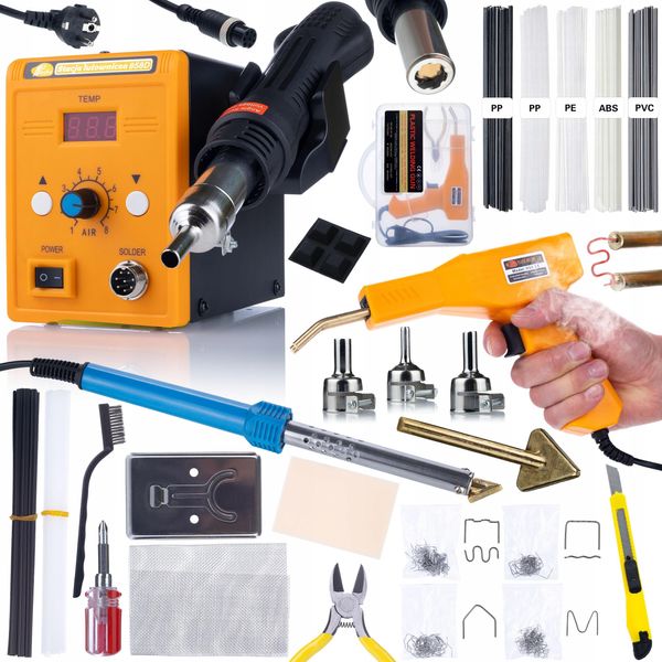 Rosfix Set Saldatore Ad Aria Calda 858D + Saldatore Blue Lark 80W BL80W Con Set Di Accessori + Kit Prowelder Mini + Cucitrice In Plastica + 200 Punti-image