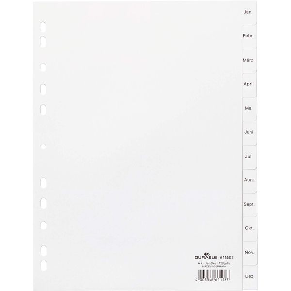 Durable Divisorio A4 In Pp 12 Tasti Jan-Dec Con Cavalierini Prestampati E Indice , Bianco, 611402-image