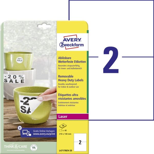 Avery Zweckform - Poliestere - Opaco - Adesivo Rimovibile - Bianco - 210 X 148 Mm 40 Etichette (20 Fogli X 2) Resistenti All'acqua (L4717REV-20)-image