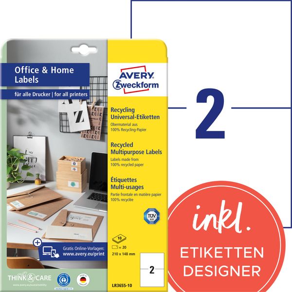 Avery Zweckform LR3655-10 20 Avery Zweckform Etichette LR3655-10 Bianco 210,0 X 148,0 Mm-image