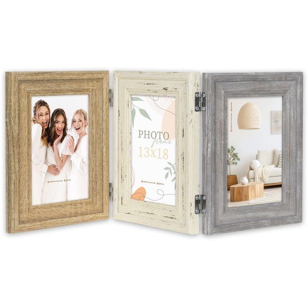Zep Cornice Doppia Imperia 3 Foto 13X18 Cm 56X23,5 Cm Legno Naturale Bianco Grigio-image
