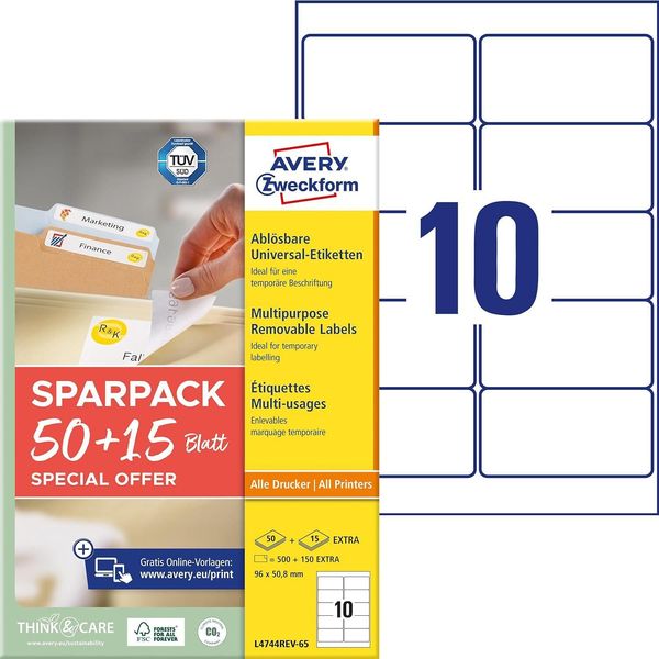 Avery Zweckform L4744REV-65 650 Avery Zweckform Etiketten Weiß 96,0 X 50,8 Mm-image