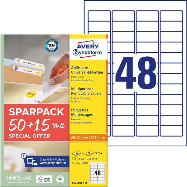 Avery Zweckform L4736REV-65 3.120 Avery Zweckform Etiketten Weiß 45,7 X 21,2 Mm-image