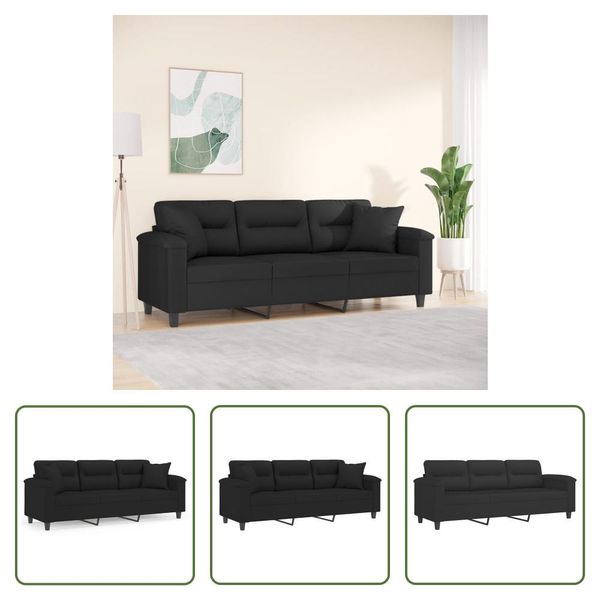 The Living Store Divano A 3 Posti Con Cuscini Nero 180 Cm In Tessuto Microfibra-image