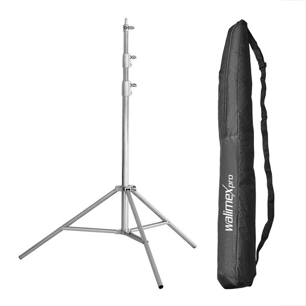 Treppiede Per Lampade Walimex Pro Heavy Duty In Acciaio Inox Con Capacità Di Carico Fino A 15 Kg, Stativo Per Luci Regolabile In Altezza Fino A 270 Cm, Stativo Per Flash A Molla Con Borsa E Adattatore Per Spigot Con Filettatura Da 1/4 E 3/8 Di Pollice-image