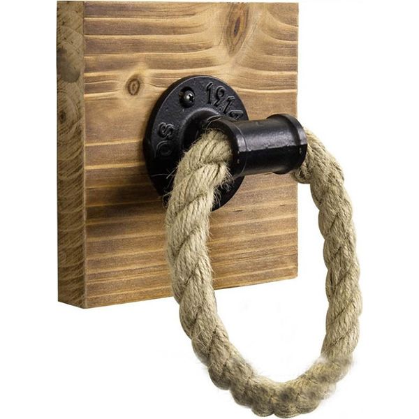 Portasciugamani In Tubo Industriale Con Corda Per Bagno | Anello Portasciugamani Rustico Con Piastra In Legno Rustico Marrone | Portasciugamani Da Parete | Portasciugamani Per Cucina-image