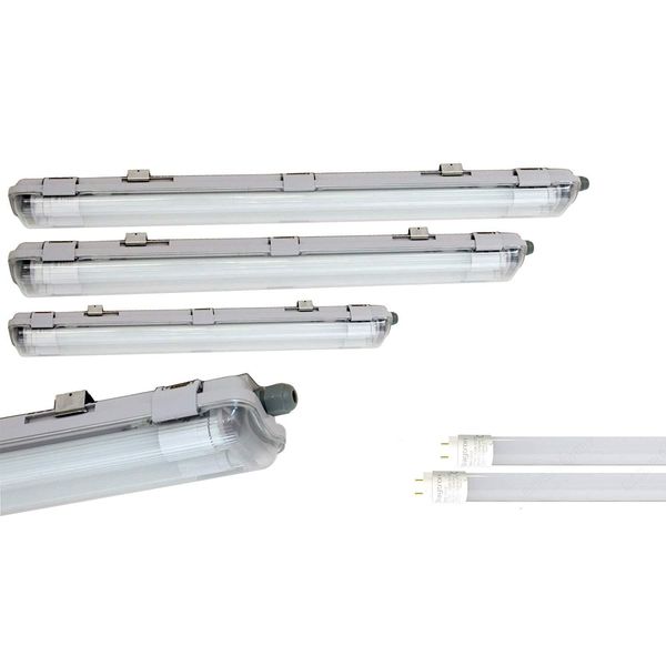 Apparecchio A Prova Di Umidità IP65, Apparecchio Con Diffusore A 2 Fiamme, 2X 18W Led Tubo 120Cm T8 1750Lm Bianco Neutro (4200K), Plastica, Grigio, 127,6 X 9,6 X 5,8 Cm, Per Garage, Cantina, Officina, Applicazioni Esterne-image
