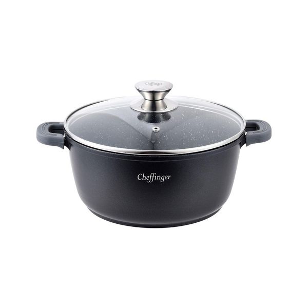 Pentola Da Cucina In Alluminio Fuso Coperchio In Vetro Ø28Cm Induzione Rivestimento In Marmo Pentola Per Zuppa Nero-image