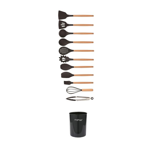 Set Di Utensili Da Cucina Da 12 Pezzi Pentole In Silicone Con Manico In Legno Nero-image