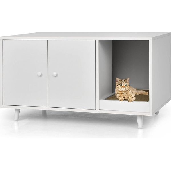 Costway Tavolino E Armadietto Per Gatti 2In1 Con Tiragraffi, Tavolino Con Lettiera, Casa Per Gatti, Lettiera Per Gatti In Legno 90X50X50Cm-image