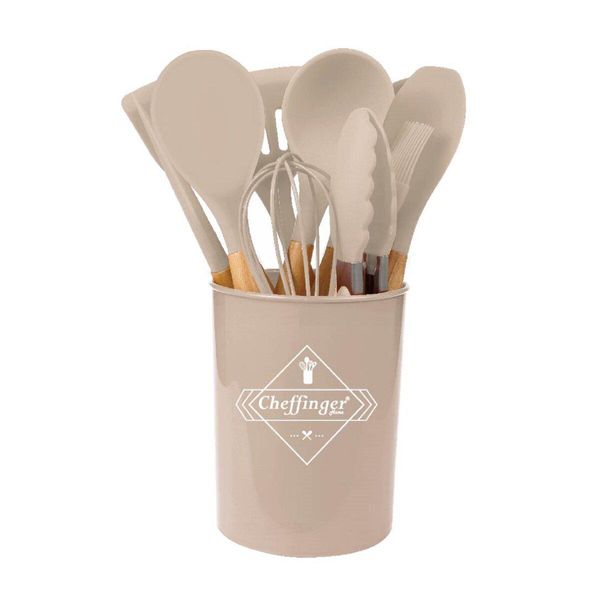 Set Di Utensili Da Cucina Da 12 Pezzi Pentole In Silicone Con Manico In Legno Beige-image