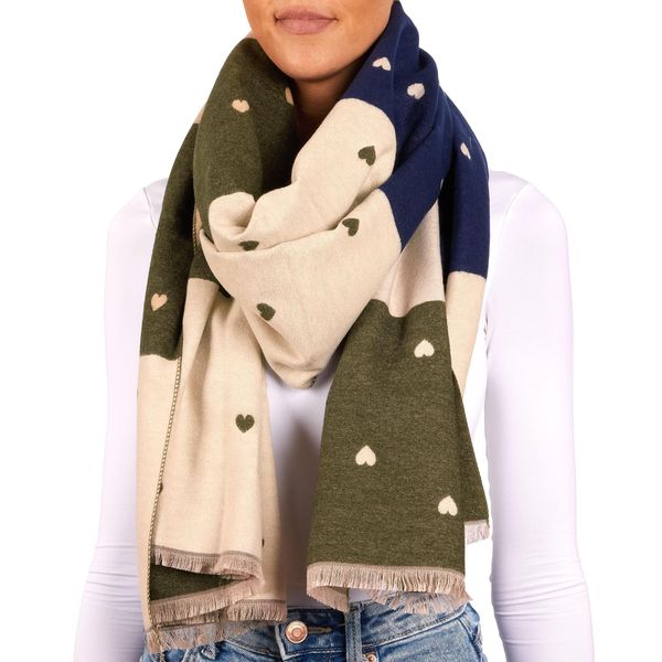 Brubaker Cashmirillo Sciarpa Da Donna Con Motivo A Cuore - 70 X 200 Cm - Calda, Accogliente E Oversize - Sciarpa Invernale In Lana, Blu Oliva E Beige-image
