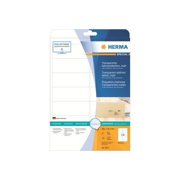 Herma Special - Etichette Autoadesive Per Indirizzi (Opache) - Trasparenti - 99,1 X 38,1 Mm 350 Etichette (25 Fogli X 14) (8671)-image
