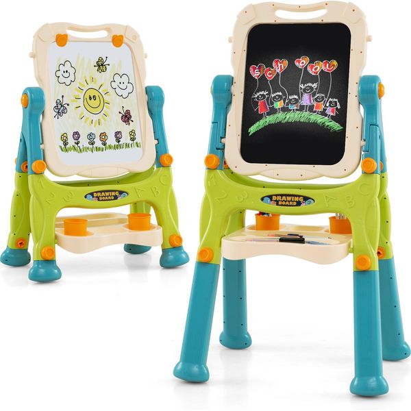 Lavagna Per Bambini Costway Bifacciale, Regolabile In Altezza, Lavagna Magnetica Per Bambini Da 2 Anni, Verde, Blu-image