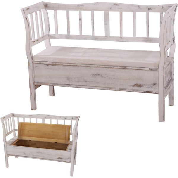 Panca T207, Panca Cassapanca In Legno Panca Contenitore, Vano Portaoggetti Cuscino In Legno 119Cm ~ Bianco, Shabby-image
