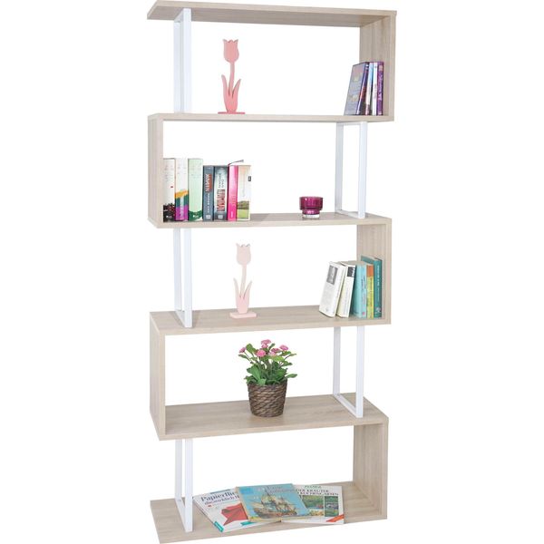 Libreria HWC-A27, Scaffale In Piedi, Scaffale Da Salotto, 183X80Cm Struttura 3D A 5 Livelli ~ Aspetto Rovere, Metallo Bianco-image