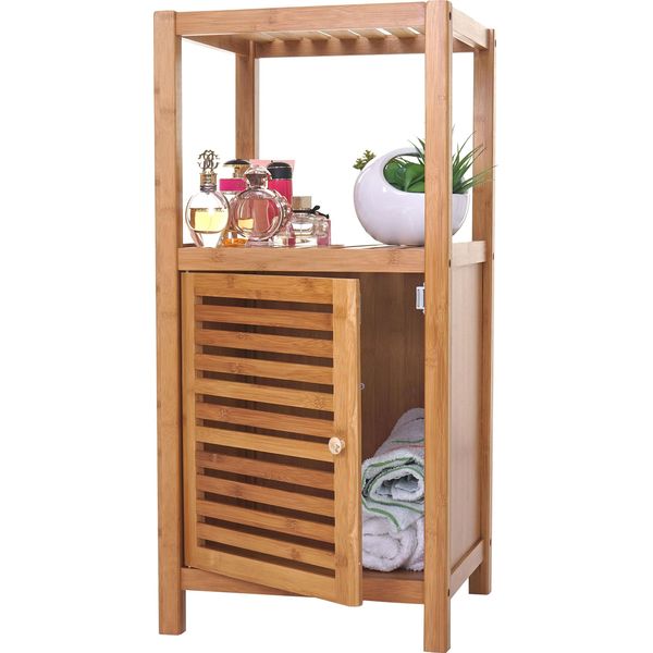 Scaffale Da Bagno HWC-B18, Scaffale Per Mobile Da Bagno Con Anta, Bambù ~ 80X36X34Cm-image