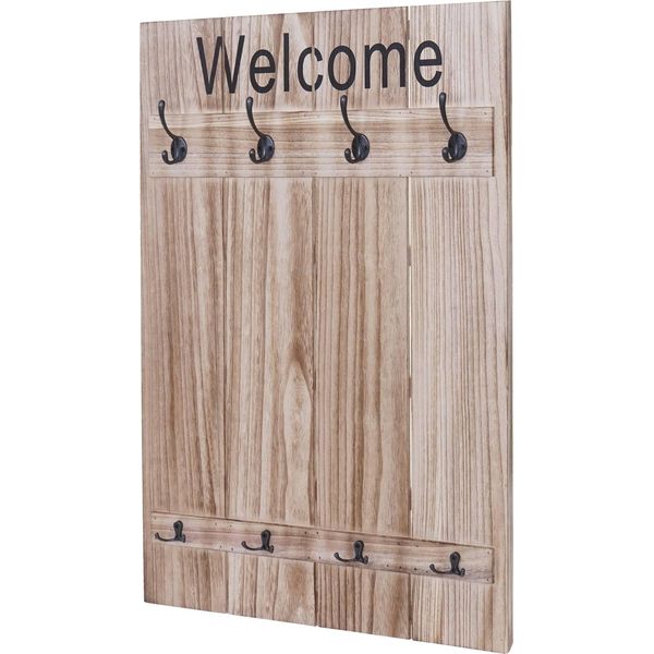 Appendiabiti Da Parete HWC-C89 Welcome, Appendiabiti, Pannello Appendiabiti, Look Shabby Vintage, 91X60Cm ~ Marrone Naturale-image