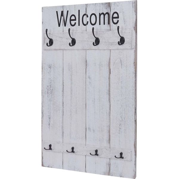 Appendiabiti A Parete HWC-C89 Welcome, Appendiabiti, Pannello Appendiabiti, Look Shabby Vintage, 91X60Cm ~ Bianco, Shabby-image