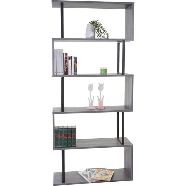 Libreria HWC-A27, Scaffale In Piedi, Scaffale Da Salotto, 183X80Cm Struttura 3D 5 Livelli ~ Grigio, Metallo Nero-image