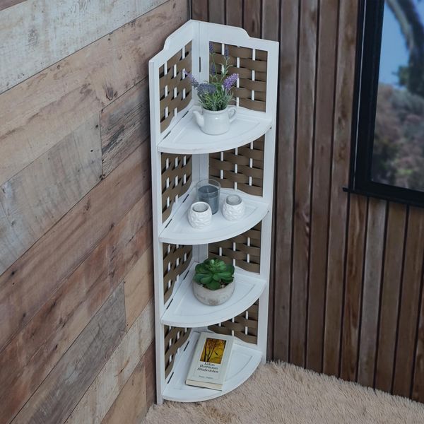 Scaffale Angolare HWC-K85, Scaffale In Piedi, Pieghevole 4 Ripiani, Legno Di Paulownia 110Cm ~ Bianco, Wickerwork Marrone-image