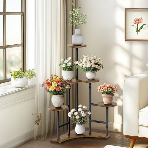 Unho Scala Per Fiori 6 Livelli, Portafiori Da Interno, Scaffale Angolare Per Piante Scaffale Per Piante In Metallo Per Balcone, Giardino, Rustico, 50 X 108Cm-image
