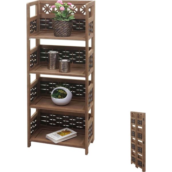 Scaffale HWC-K86, Scaffale In Piedi, Scaffale Da Salotto, Pieghevole A 4 Ripiani, Legno 110Cm ~ Marrone Scuro, Vimini Marrone Scuro-image