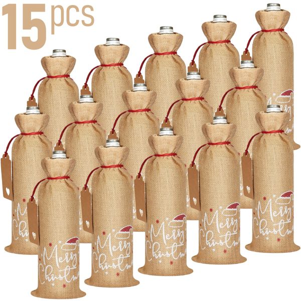 Brubaker Sacchetto Natalizio Per Vino - Buon Natale - 36 Cm X 17 Cm Sacchetto Di Iuta - Sacchetto Per Vino, Spumante - Sacchetto Per Bottiglie Di Buon Natale, 15 Pezzi-image