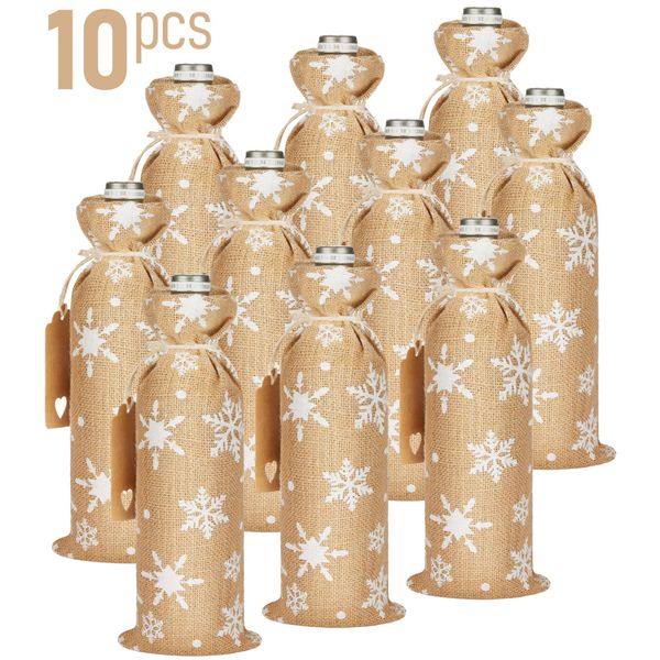 Brubaker Sacchetto Natalizio Per Vino - Fiocchi Di Neve Bianchi - Sacchetto Di Iuta Da 36 Cm X 17 Cm - Sacchetto Per Vino, Spumante, Champagne - Sacchetto Per Bottiglie, 10 Pezzi-image