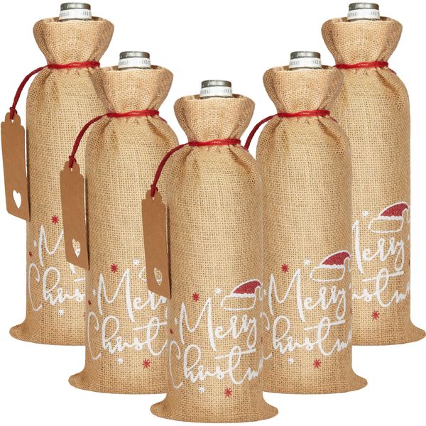 Brubaker Sacchetto Natalizio Per Vino - Buon Natale - 36 Cm X 17 Cm Sacchetto Di Iuta - Sacchetto Per Vino, Spumante - Sacchetto Per Bottiglie Di Buon Natale, 5 Pezzi-image
