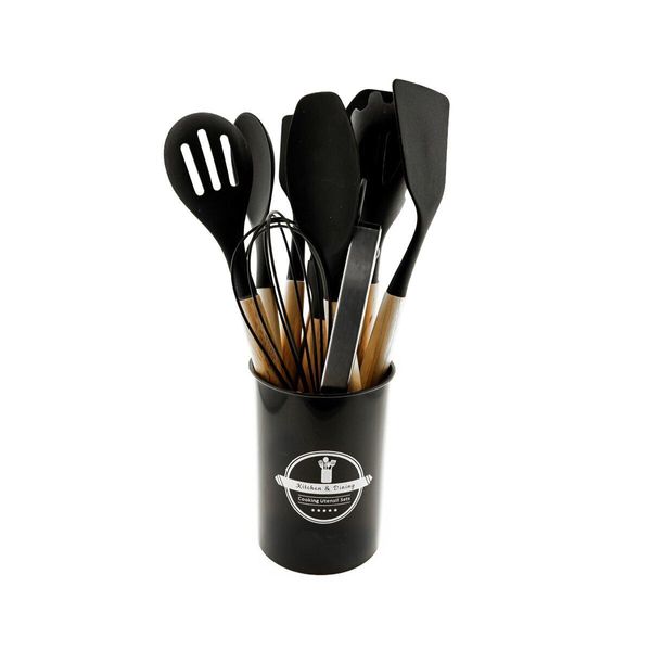 Set Di Utensili Da Cucina In Silicone Da 12 Pezzi Con Manico In Legno Nero Resistente Al Calore-image