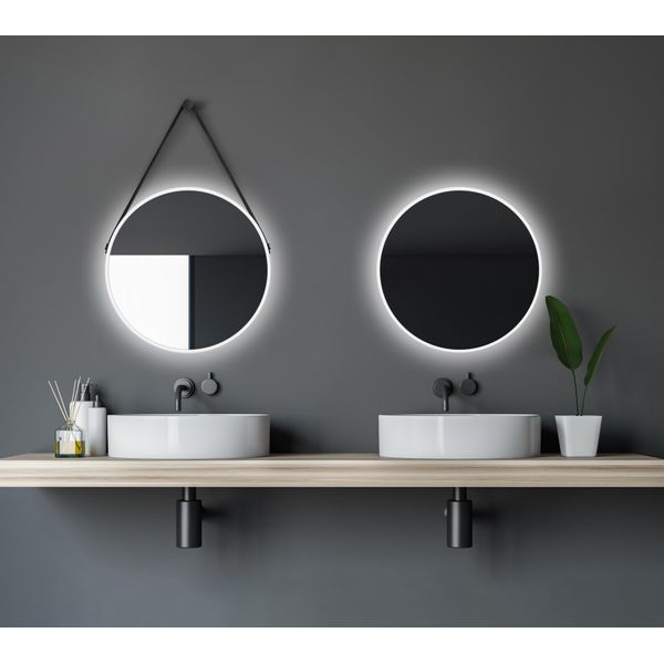 Specchio Da Parete Rotondo Talos White Light Matt Ø 50 Cm - Specchio Da Bagno Con Illuminazione Indiretta - Cinghia Di Sospensione In Pelle - Specchio Illuminato Con Luce Bianca Neutra - Cornice In Alluminio Bianco Opaco Di Alta Qualità - Specchio Da Bagno-image