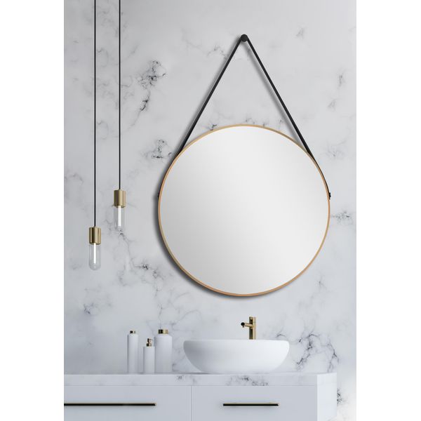 Specchio Da Parete Rotondo Talos Gold Style Matt Ø 50 Cm - Specchio Da Bagno Con Cinghia Di Sospensione In Pelle - Cornice In Alluminio Di Alta Qualità In Oro - Specchio Da Bagno-image