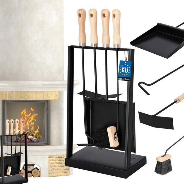Kotarbau® Set Per Caminetto 4 Pezzi Accessori Per Caminetto Con Manici In Legno Set Per Stufa In Acciaio Scopa Paletta Attizzatoio Raschiacenere Piedistallo-image