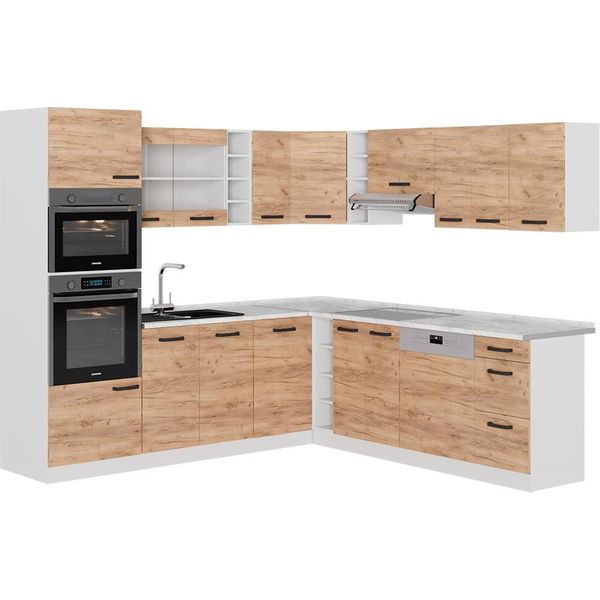 Vicco Cucina Angolare Completa R-Line, 237 X 247 Cm Senza Piano Di Lavoro, Quercia Dorata/Bianco/Bianco-image