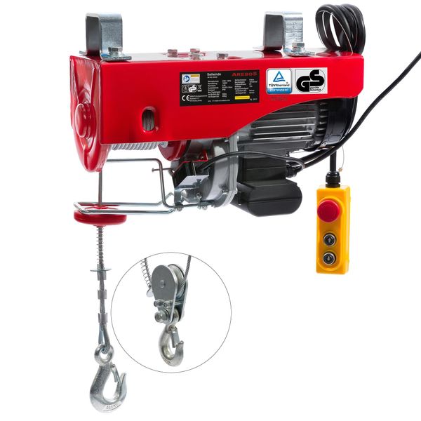 Arebos Argano A Fune 230 V 1000 W, Capacità Di Carico 500-1000 Kg, Telecomando Rosso-image