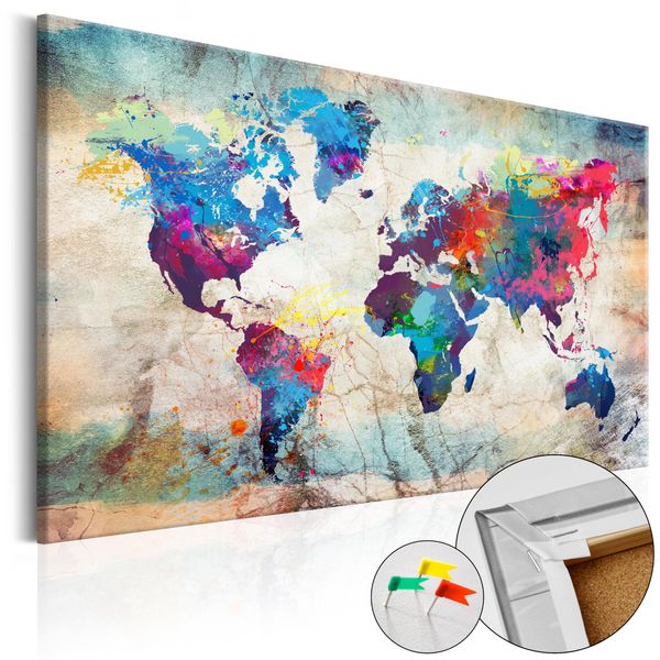 Quadro In Sughero Non Tessuto - Mappa Del Mondo: Follia Colorata 120X80 Cm Mappe K-A-0179-P-B-image