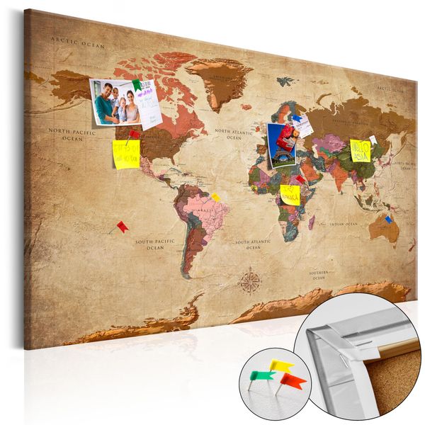 Quadro In Sughero Non Tessuto - Mappa Del Mondo: Marrone Eleganza 120X80 Cm Mappe K-A-0142-P-A-image