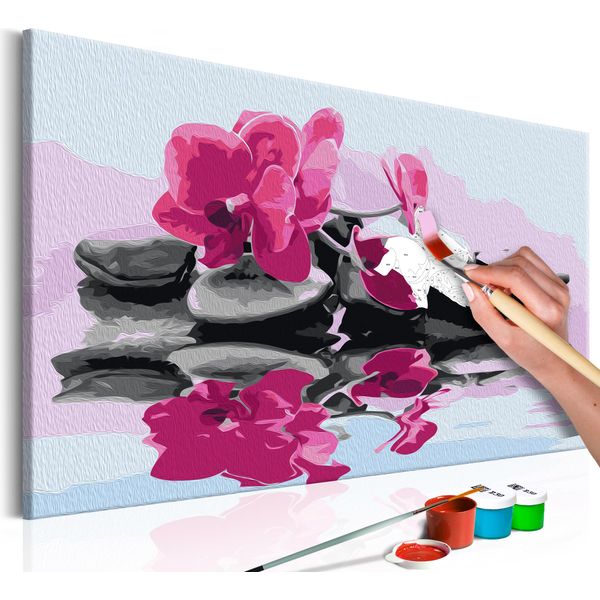 Tessuto Non Tessuto Painting By Numbers - Orchidea Con Pietre Zen (Riflesso Nell'acqua) 60X40 Cm Fiori N-A-0228-E-A-image