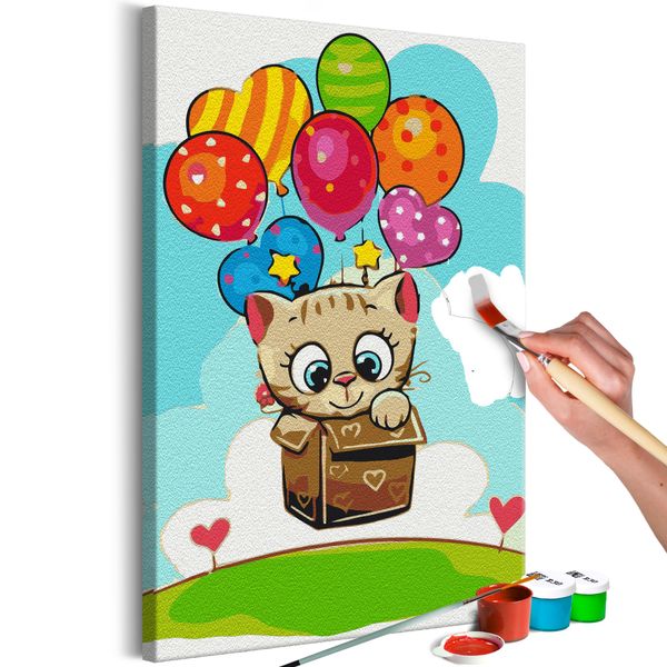 Tessuto Non Tessuto Pittura Con I Numeri - Gattino Con Palloncini 40X60 Cm Per Bambini N-A-1558-E-A-image