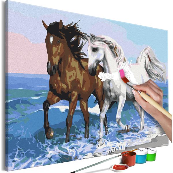 Pittura In Tessuto Non Tessuto Con Numeri - Cavalli In Riva Al Mare 60X40 Cm Animali N-A-1483-E-A-image