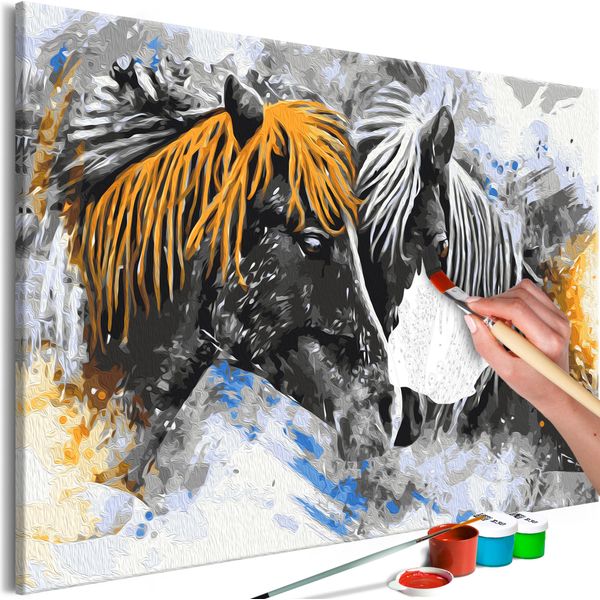 Tessuto Non Tessuto Pittura Con Numeri - Cavalli Neri E Gialli 60X40 Cm Animali N-A-1443-E-A-image