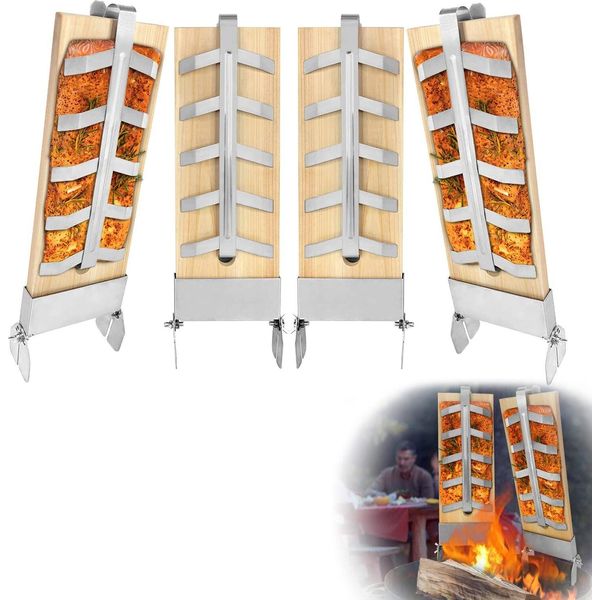 Yuenfong Set Di 4 Tavolette Per Salmone Da Affumicatura Tavoletta Per Salmone Da Affumicatura Con Robusto Supporto In Acciaio Inox Per Ciotola Da Fuoco E Grill-image