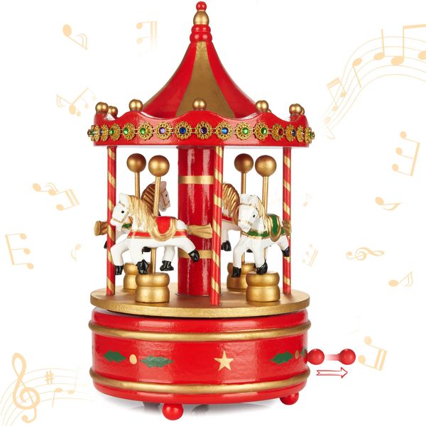 Carillon In Legno Brubaker Melodia: Jingle Bells - Carosello Con Cavalli - 24 Cm Carillon Decorativo Per Natale - Carillon Decorativo Natalizio - Oro Rosso-image